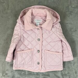 Ralph Lauren Jacket Girls 9M Pink Quilted Hooded Corduroy Collar Snap Pockets